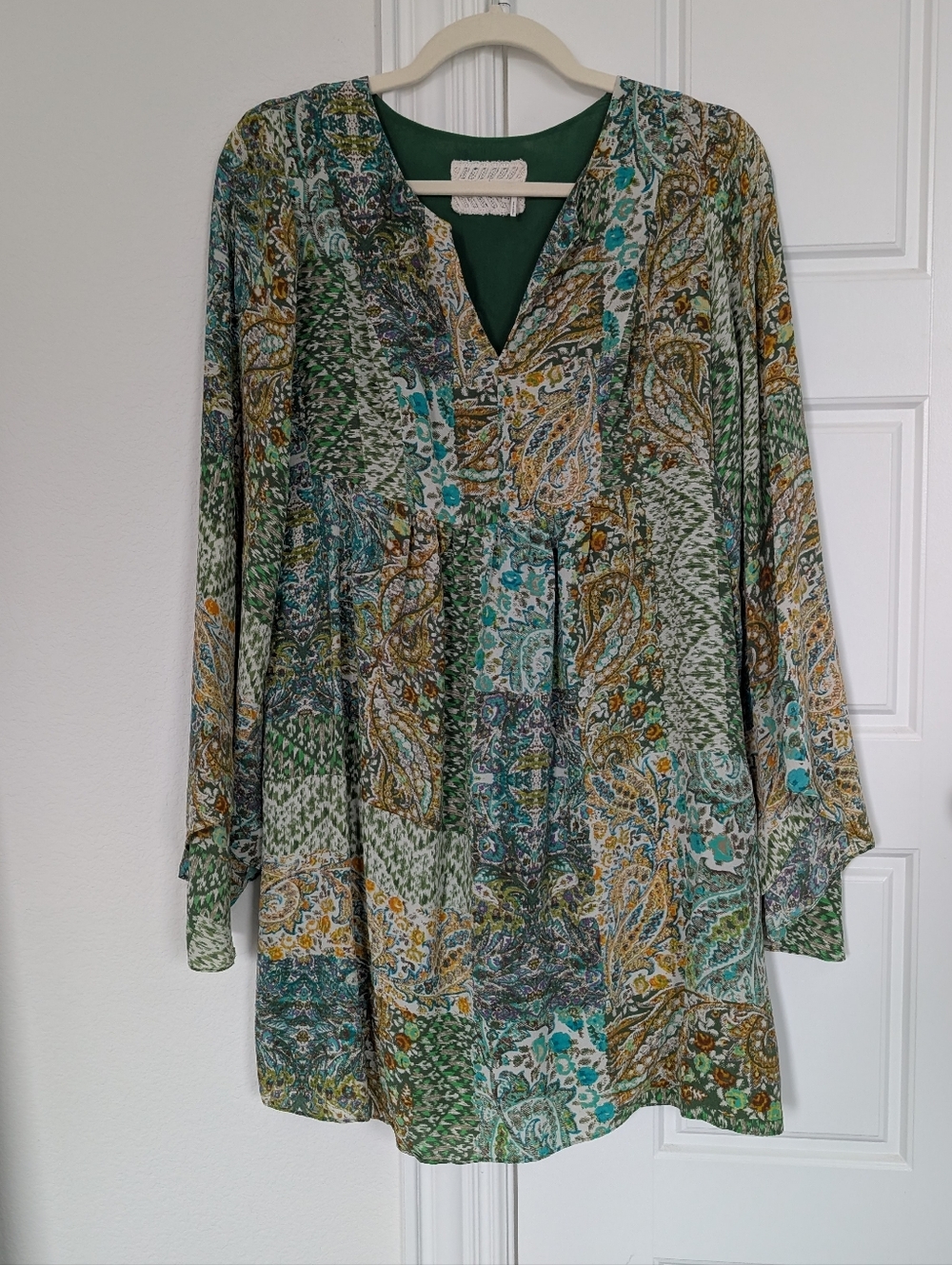 Anthropology Floreat 100% Silk Boho Paisley  Dress In Green and Teal